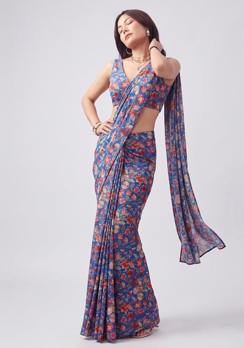 Royal Blue Printed Georgette Pre Draped Saree Set