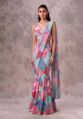 Multicolor Printed Georgette Pre Draped Saree Set