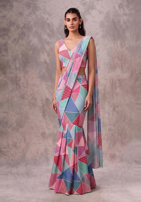 Multicolor Printed Georgette Pre Draped Saree Set