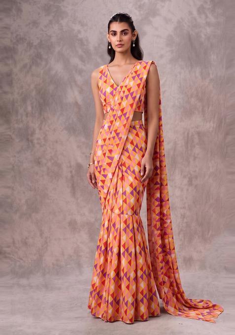 Peach Printed Georgette Pre Draped Saree Set