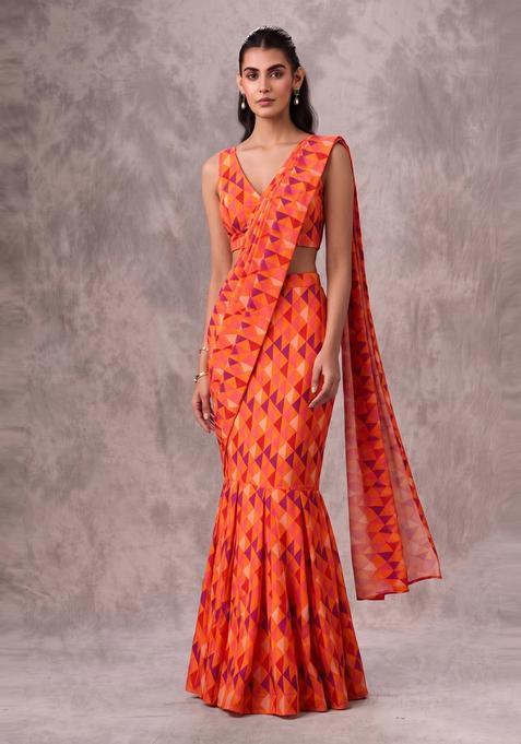 Bright Orange Printed Georgette Pre Draped Saree Set