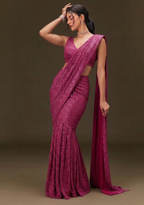 Magenta Sequin Georgette Pre Draped Saree Set