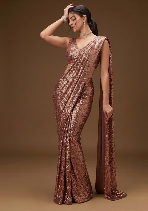 Copper Sequin Georgette Pre Draped Saree Set