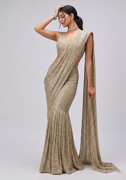 Silver Sequin Georgette Pre Draped Saree Set