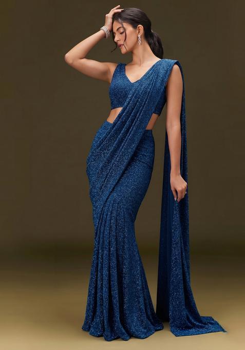 Navy Blue Sequin Georgette Pre Draped Saree Set