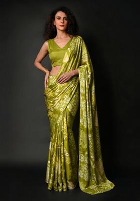 Olive Green Printed Satin Pre Draped Saree Set