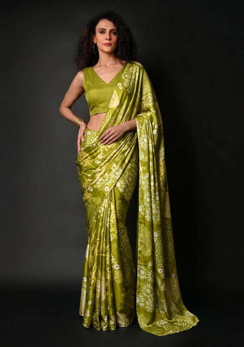 Olive Green Printed Satin Pre Draped Saree Set - Indya