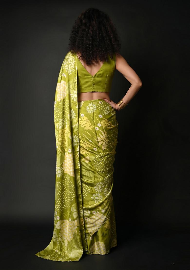 Olive Green Printed Satin Pre Draped Saree Set - Indya