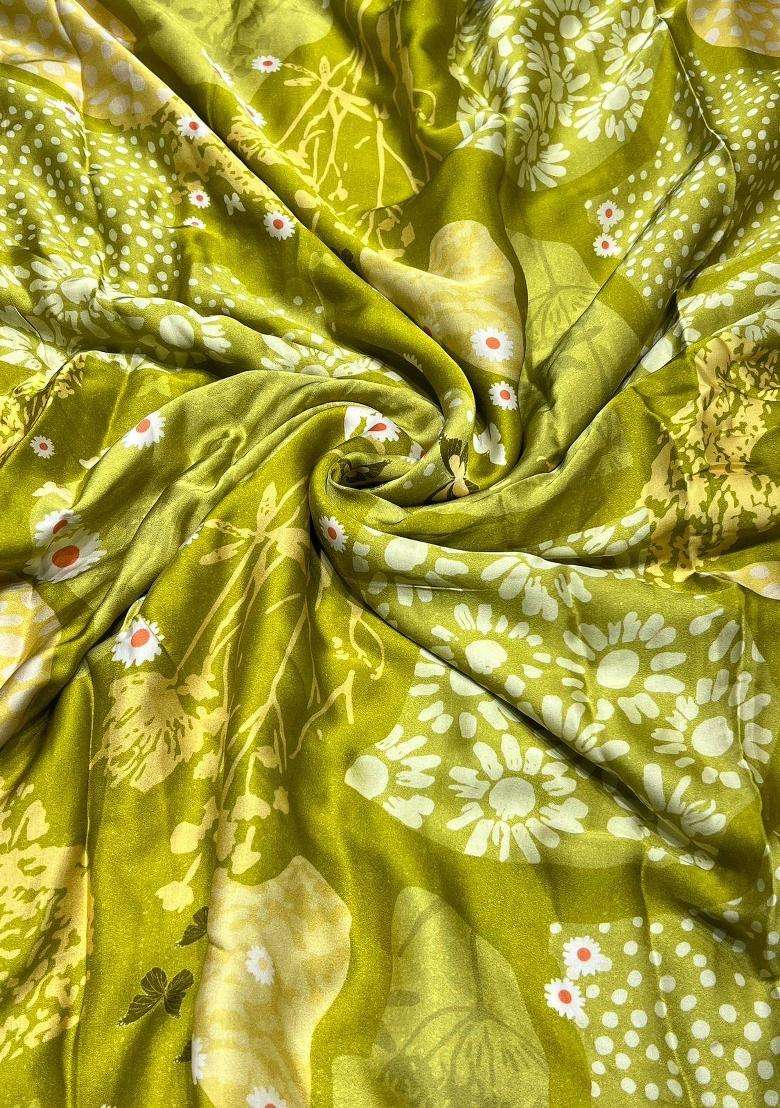 Olive Green Printed Satin Pre Draped Saree Set - Indya