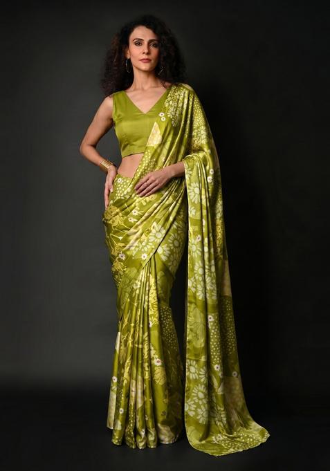 Olive Green Printed Satin Pre Draped Saree Set