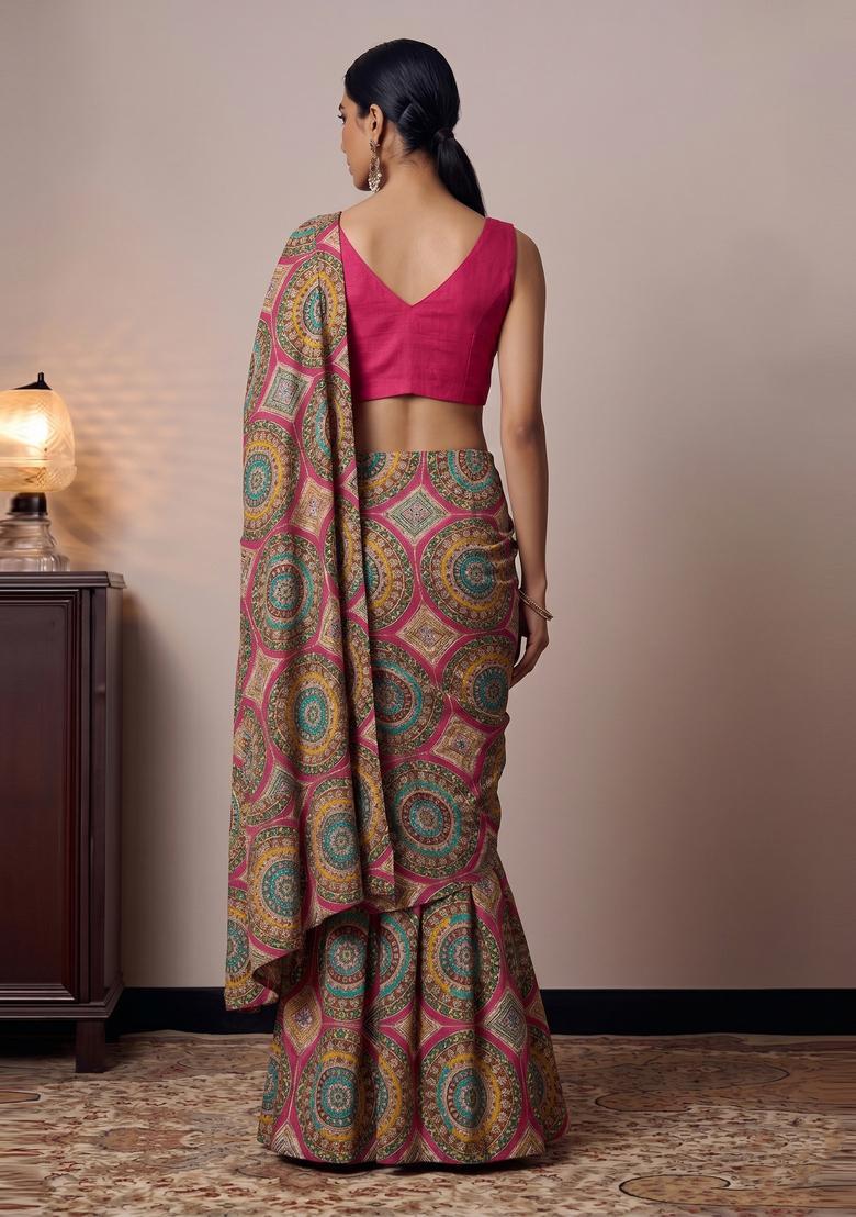 Magenta Embroidered Crepe Pre Draped Saree Set - Indya