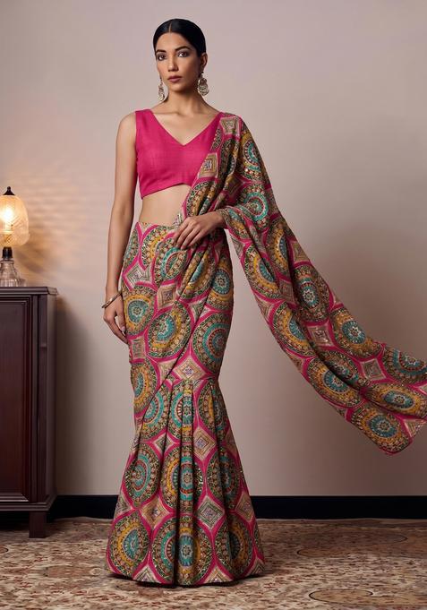 Magenta Embroidered Crepe Pre Draped Saree Set