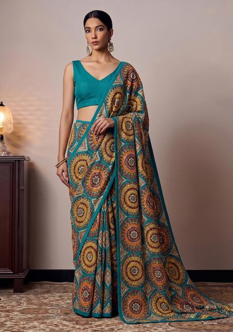 Deep Teal Embroidered Crepe Pre Draped Saree Set
