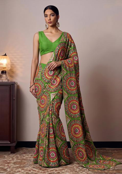 Leaf Green Embroidered Crepe Pre Draped Saree Set
