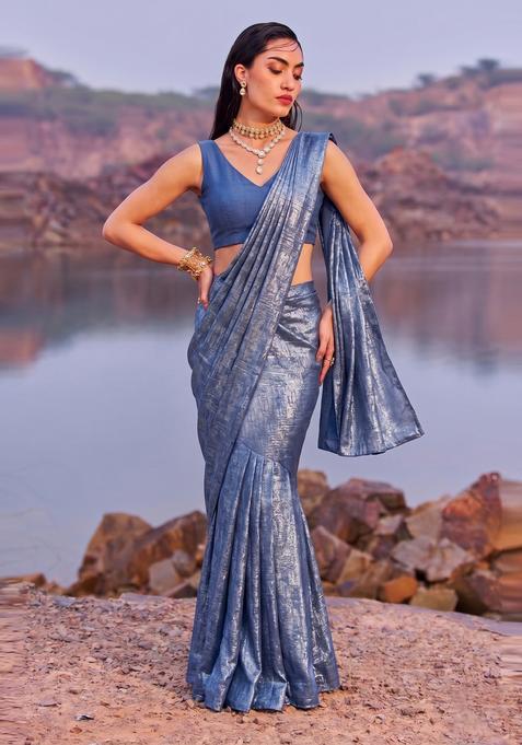 Dusty Blue Textured Crepe Pre Draped Saree Set