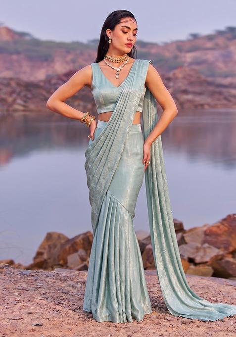 Grey Textured Crepe Pre Draped Saree Set