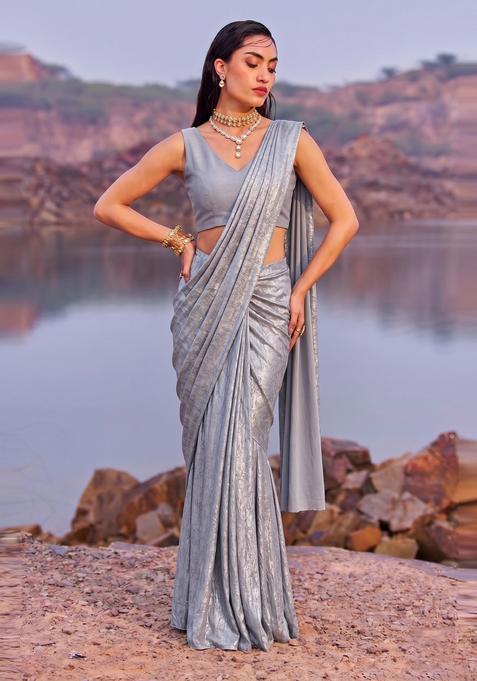 Dusty Blue Textured Crepe Pre Draped Saree Set