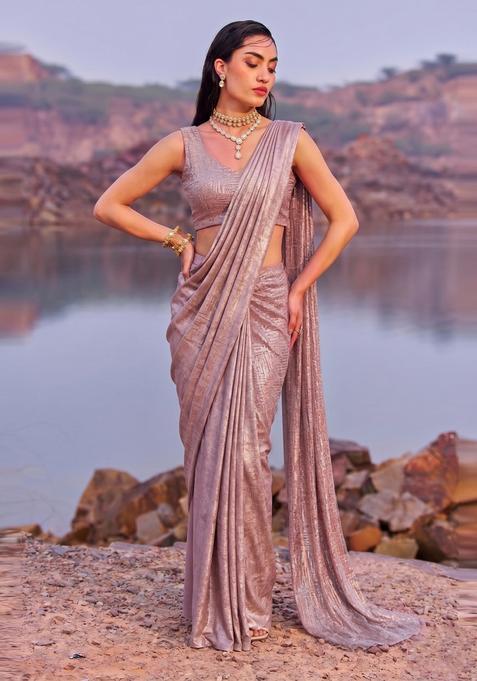 Dusty Mauve Textured Crepe Pre Draped Saree Set