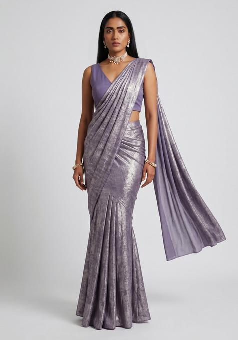 Lavender Foil Print Crepe Pre Draped Saree Set