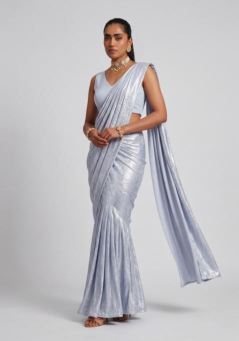 Dusty Blue Foil Print Crepe Pre Draped Saree Set