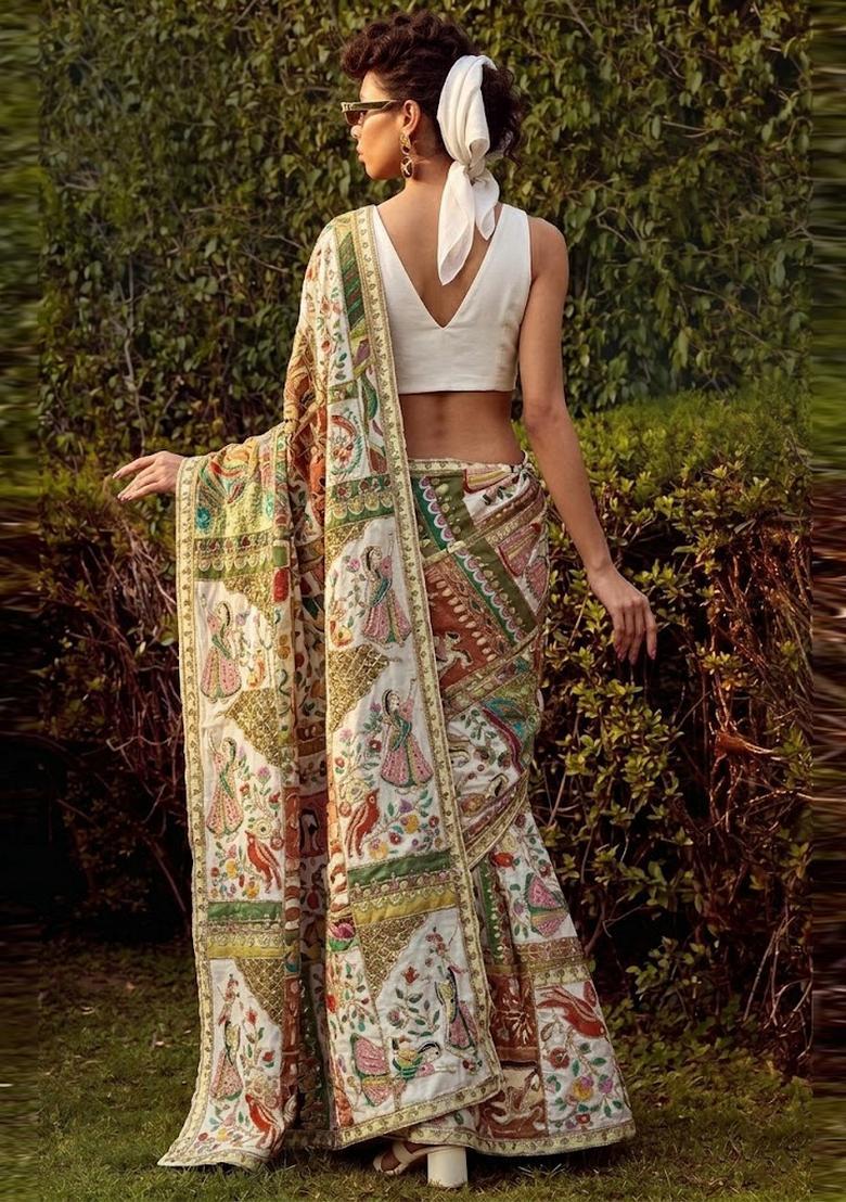Off White Printed Crepe Pre Draped Saree Set - Indya