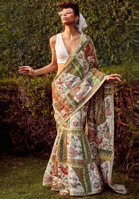Off White Printed Crepe Pre Draped Saree Set