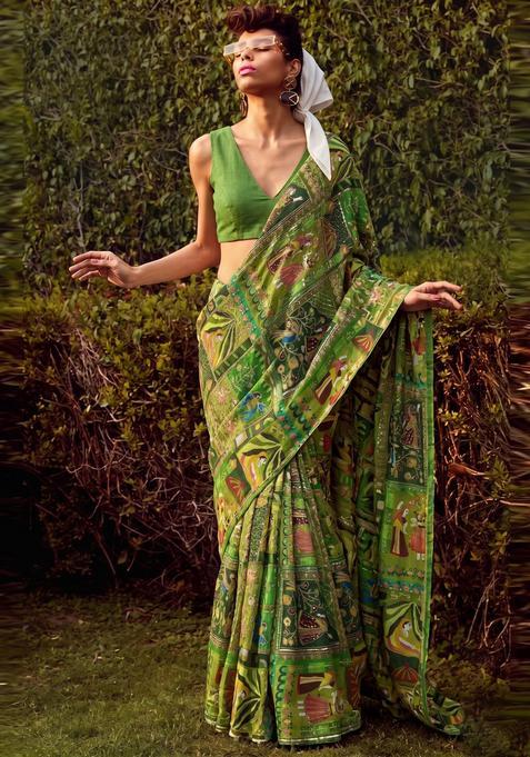 Leaf Green Printed Crepe Pre Draped Saree Set