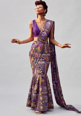 Deep Purple Printed Crepe Pre Draped Saree Set