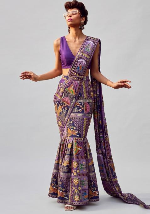 Deep Purple Printed Crepe Pre Draped Saree Set