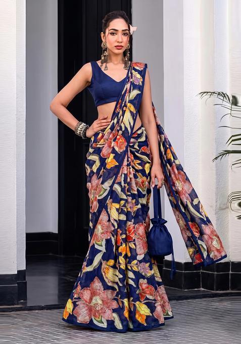 Navy Blue Embroidered Chinon Pre Draped Saree Set