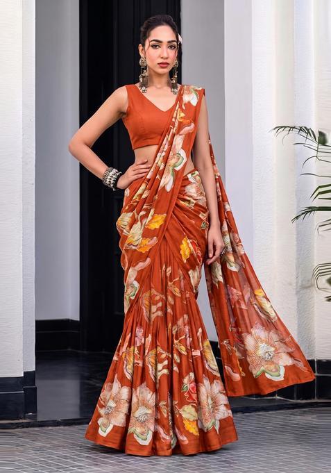 Rust Embroidered Chinon Pre Draped Saree Set
