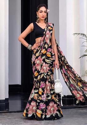 Black Embroidered Chinon Pre Draped Saree Set