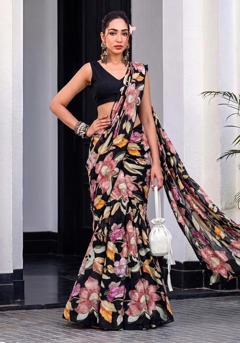 Black Embroidered Chinon Pre Draped Saree Set