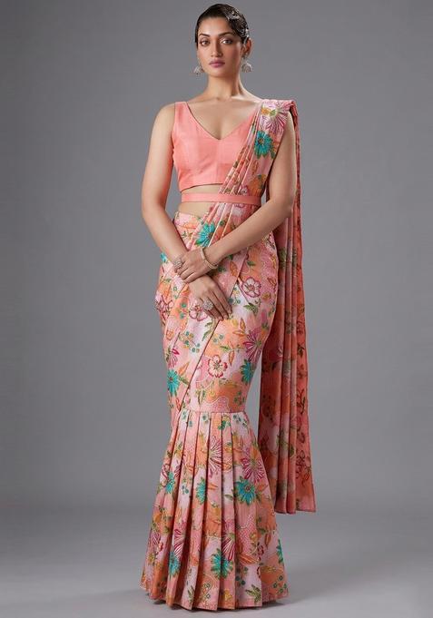 Peach Printed Crepe Pre Draped Saree Set
