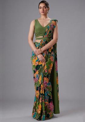 Olive Green Printed Crepe Pre Draped Saree Set