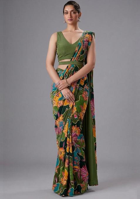 Olive Green Printed Crepe Pre Draped Saree Set
