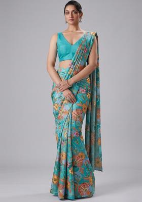 Turquoise Blue Printed Crepe Pre Draped Saree Set