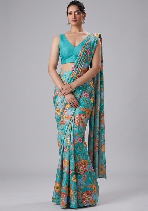 Turquoise Blue Printed Crepe Pre Draped Saree Set
