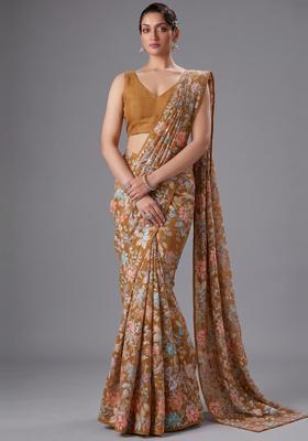 Brown Embroidered Crepe Pre Draped Saree Set