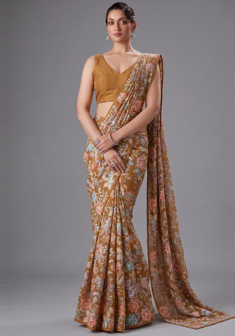Brown Embroidered Crepe Pre Draped Saree Set
