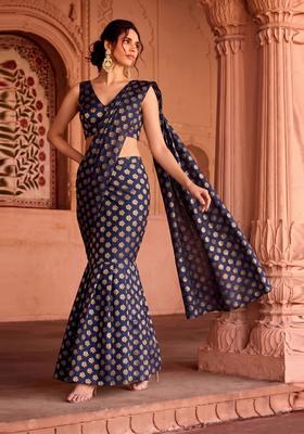 Navy Blue Brocade Pre Draped Saree Set