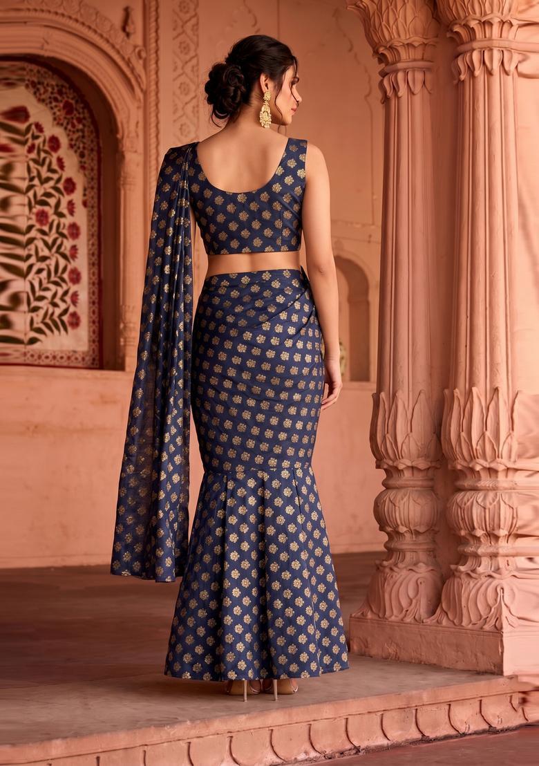 Navy Blue Brocade Pre Draped Saree Set - Indya