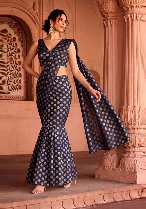Navy Blue Brocade Pre Draped Saree Set
