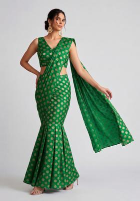 Emerald Green Brocade Pre Draped Saree Set