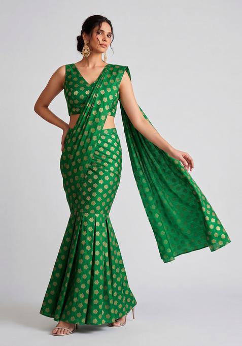 Emerald Green Brocade Pre Draped Saree Set