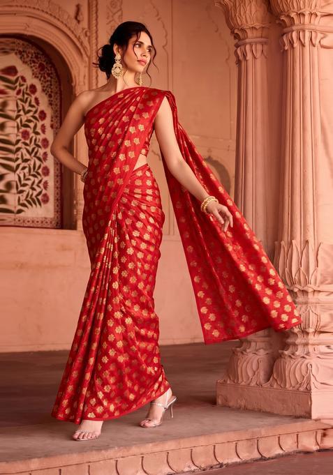 Red Brocade Pre Draped Saree Set