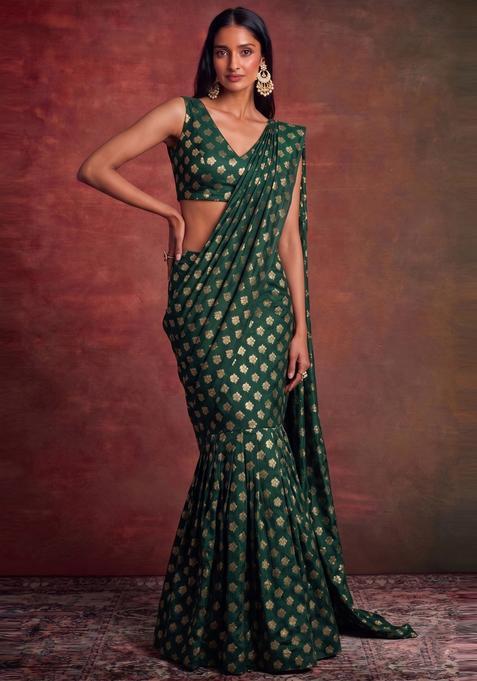 Dark Green Brocade Pre Draped Saree Set