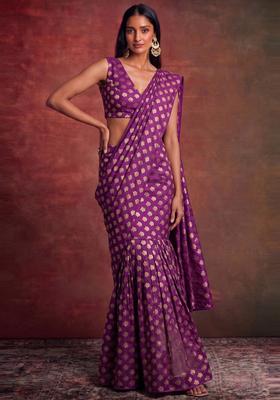 Deep Plum Embroidered Brocade Pre Draped Saree Set