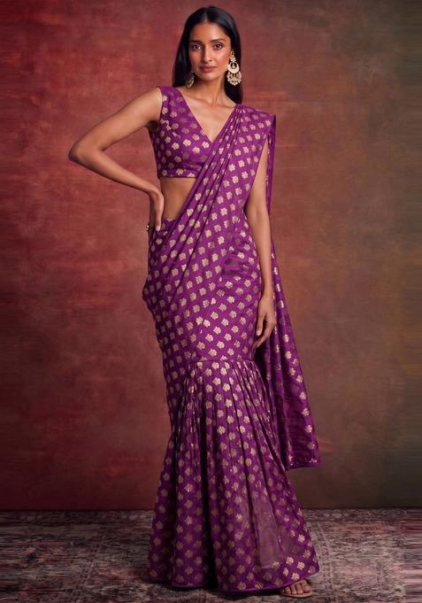 Deep Plum Embroidered Brocade Pre Draped Saree Set
