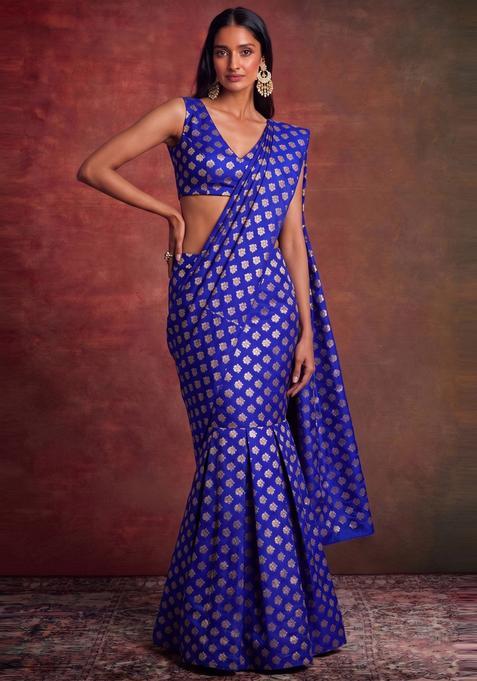 Royal Blue Embroidered Brocade Pre Draped Saree Set